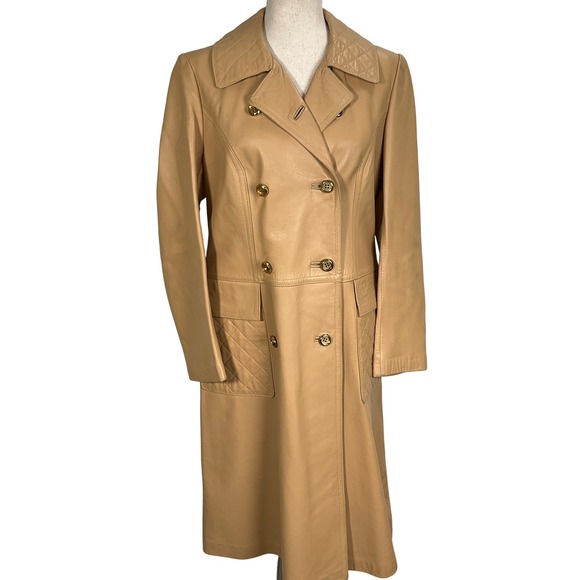 Leda Spain by Gropper Jackets & Blazers - Gropper Leda Spain Coat Women 14 Tan Double Breast Leather Trench Quilt Longline